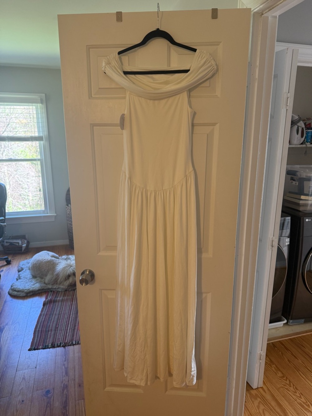 Off-Shoulder White Maxi Dress with Draped Neckline